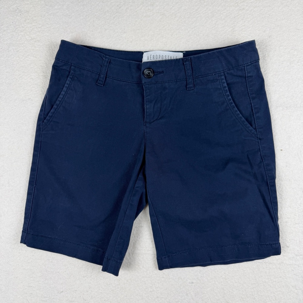 Aeropostale Bermuda Twill Shorts Navy Blue Size 0 Cotton Stretch Casual Mid Rise
